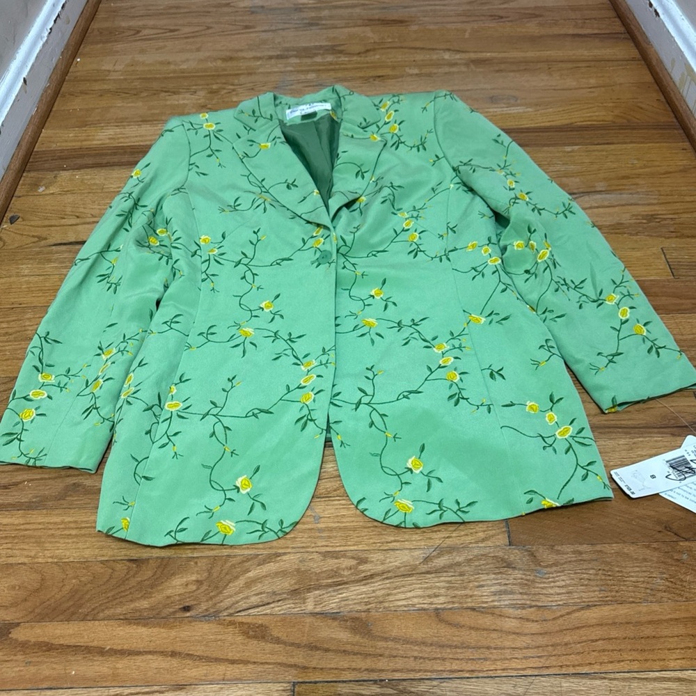 Vintage Rena Rowan Fully lined Grass Green Embroidered Silk Blazer Size 8